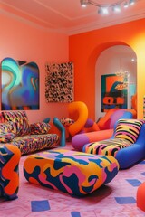 A lively living room featuring bold, colorful abstract furniture and decor, creating a vibrant and modern art-inspired atmosphere.