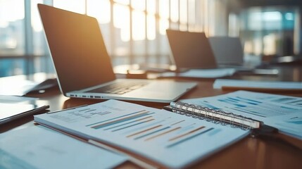 Office workspace with laptops, documents, and notebooks in natural light.