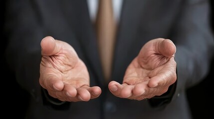 Open hands offering assistance, close-up view, professional attire, dark background.