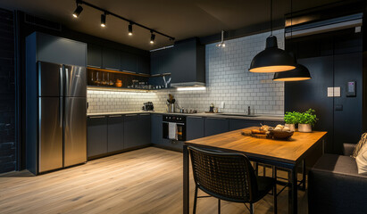 Minimalist interior of a kitchen with dark blue walls, white tiles, and a wooden floor. Dark grey cabinets, a black table with chairs, hanging pendant lamps above the island counter