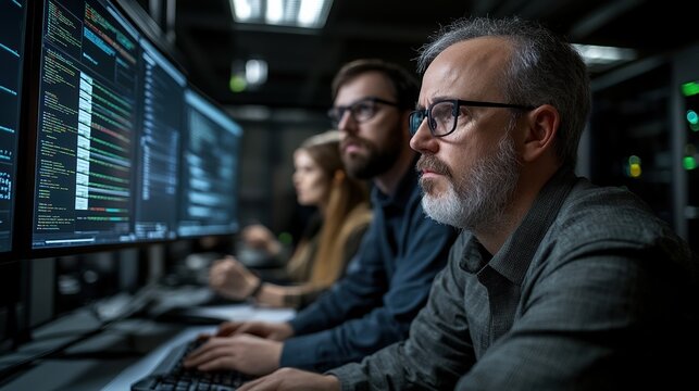 Office team working on computers, focused on coding and programming tasks, dark environment