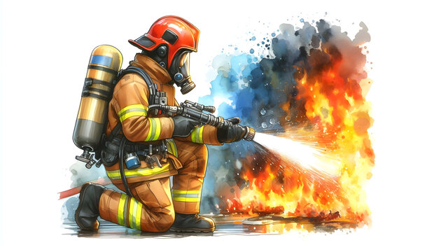 Watercolor illustration portrait of a fire service worker extinguishing fire.