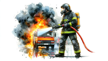 Watercolor illustration portrait of a fire service worker extinguishing fire.