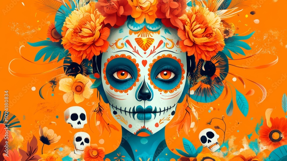 Wall mural A vivid illustration of a Day of the Dead sugar skull adorned with flowers, set against a bright, colorful background.