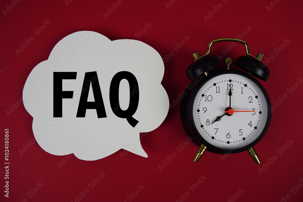 Poster faq text on speech bubble with alarm clock on red background