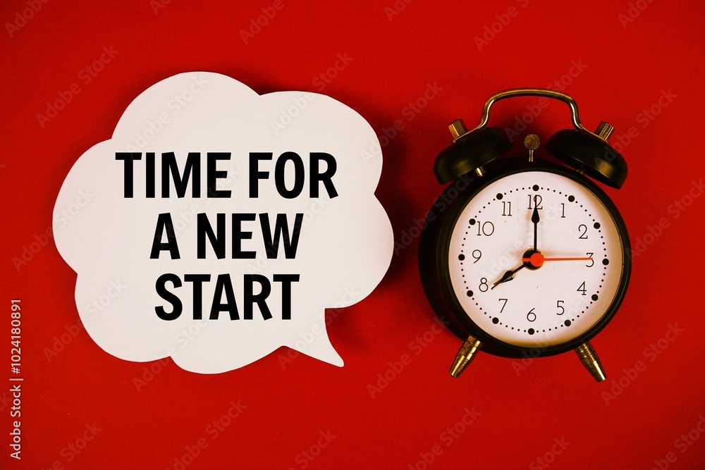 Poster time for a new start text on speech bubble with alarm clock on red background