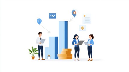 Professional team analyzing data trends with graphs and devices on white background.