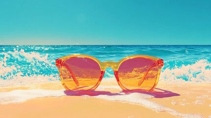 Colorful sunglasses on a sunny beach with ocean waves.
