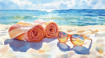 Colorful towels and sunglasses on sandy beach, sunny day