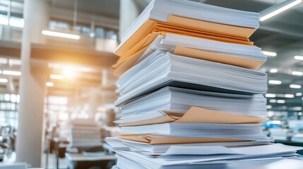 Fototapeta premium Stack of documents with orange folders in a bright office environment.