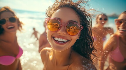 Joyful women enjoying a sunny day at the beach, smiling happily.
