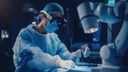 A futuristic scene of an Asian doctor performing remote surgery with robotic arms and virtual reality tools, showing the future of healthcare technology