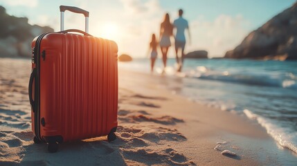 Red suitcase on the beach with people walking in the sunset