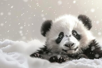 Fototapeta premium A baby panda is laying in the snow, looking up at the camera. The image has a playful and lighthearted mood