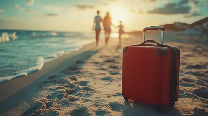 Red suitcase on the beach with family walking in the background.