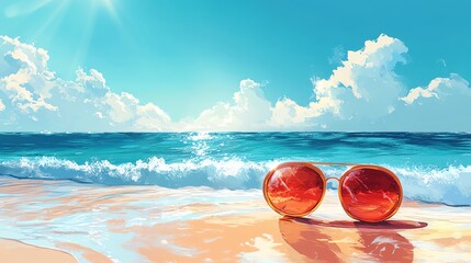 Sunglasses on a sandy beach, ocean waves in the background
