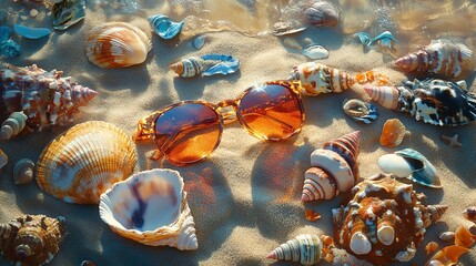Sunglasses and seashells on sandy beach, bright summer vibe.
