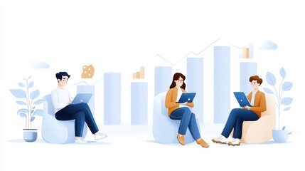 Obraz premium Three professionals collaborating with laptops, surrounded by plants and charts.