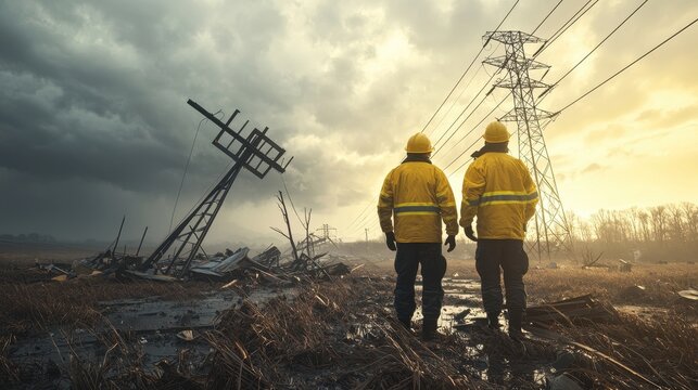Workers in yellow uniform inspecting damaged power lines after a severe storm causes widespread destruction