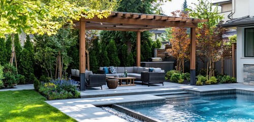 Backyard oasis by a pool featuring chic outdoor furniture under an elegant pergola.