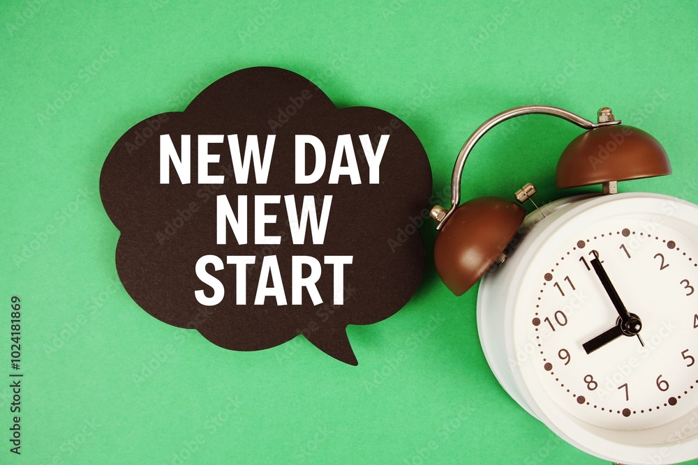 Poster new day new start text on speech bubble with alarm clock on green background