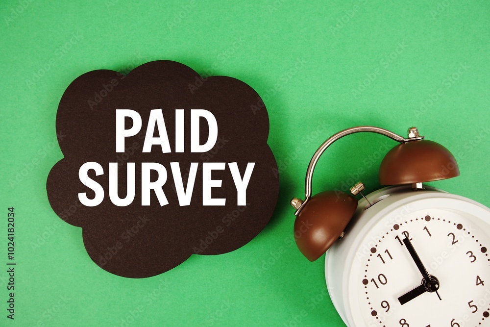 Poster paid survey text on speech bubble with alarm clock on green background