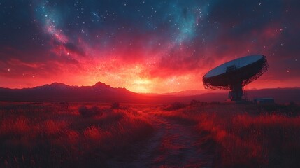 A large radio telescope sits in a field under a vibrant red and blue starry sky.