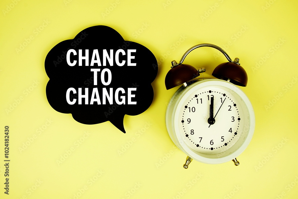 Poster chance to change text on speech bubble with alarm clock on yellow background