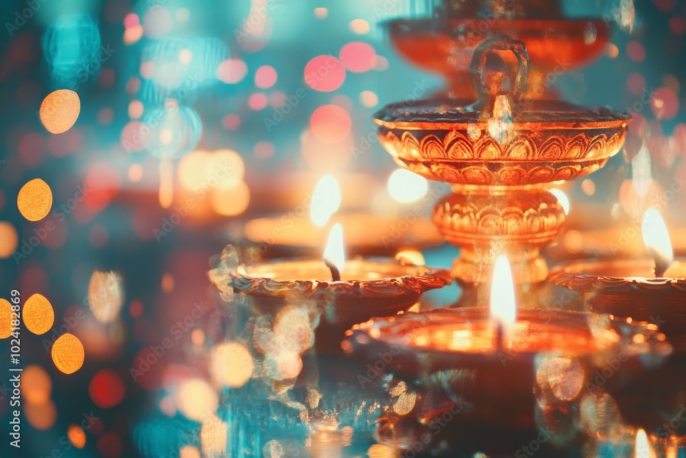 Poster a close up of a group of lit candles in a blue background. the candles are arranged in a pyramid sha