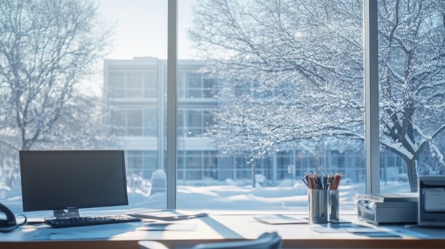 Cozy Winter Workspace Overlooking a Snowy Landscape Under Bright Sunlight During a Crisp Morning