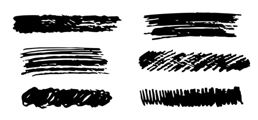 Set of grunge textures, brushes. Charcoal pencil shading, strokes, black silhouette. Simple vector illustration.