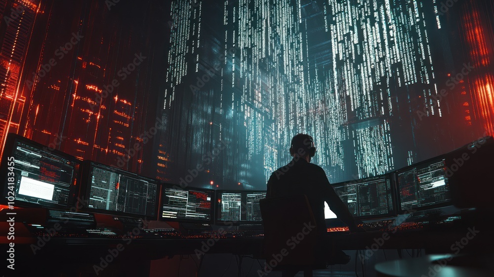 Poster a person working at multiple computer screens in a futuristic, data-driven environment.