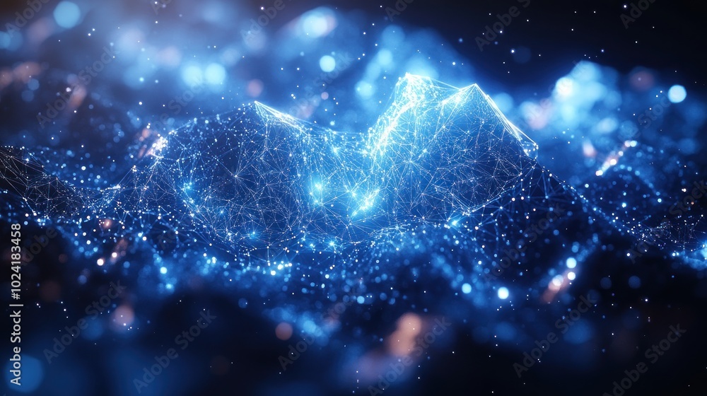 Poster abstract mountain range made of connected glowing blue dots on a dark background with bokeh effect.