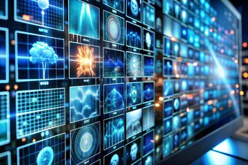 Digital interface with data displays a futuristic look at artificial intelligence