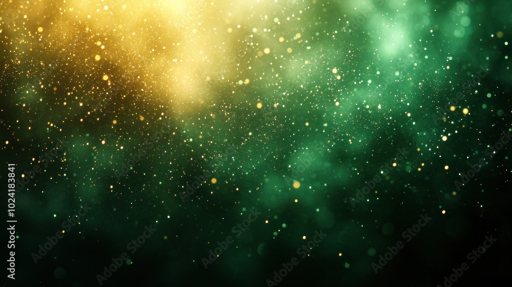 Wall mural abstract green and gold background with bokeh lights.