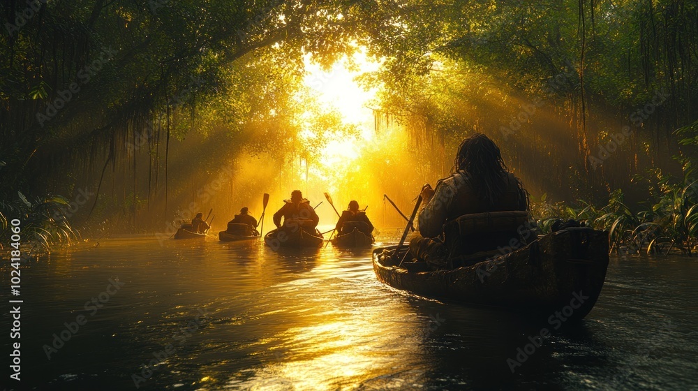 Poster canoeing through a misty forest with sunlight filtering through trees.