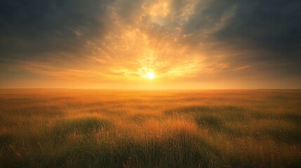 2410_008.majestic dawn over grasslands, illuminated prairie grasses, celestial sunburst, moody sky with layered clouds, chiaroscuro lighting, golden ratio composition, textured foreground, earthy