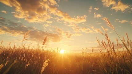 Naklejka premium 2410_010.sublime morning light on savanna, sun-drenched tall grasses, epic skyscape with voluminous clouds, rim lighting on vegetation, golden hour color grading, low perspective shot, tranquil