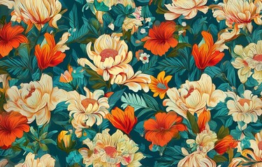 A vibrant floral pattern with large cream flowers, orange blossoms, and teal leaves.