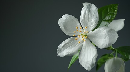 Obraz premium A delicate white jasmine flower isolated on a dark gray background.