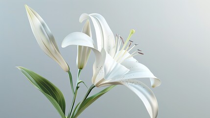 Fototapeta premium A delicate white lily flower isolated on a light gray background.