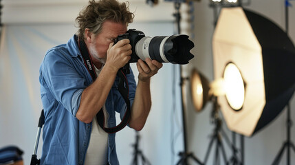 Photographer in a studio setting adjusting a camera on a tripod