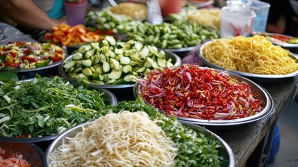 A Variety of Chopped Vegetables and Noodles in Bowls