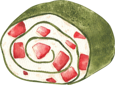 watercolor sushi roll, green, red, white clip art preview