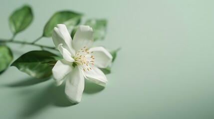 Obraz premium A delicate white jasmine flower isolated on a light green background.