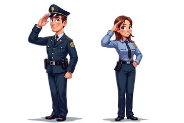  a full-body cartoon illustration of a male and female police officer standing straight and giving a salute. Both characters are wearing full police uniforms with confident expressions. The background
