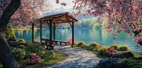 Blue and white tiled pergola in a Mediterranean garden, draped with jasmine and citrus baskets.