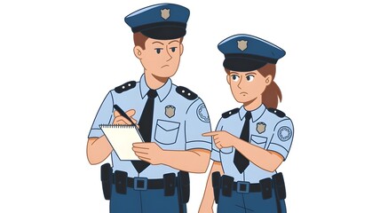 Police officers writing a ticket
" cartoon of a male and female police officer in the process of writing a ticket. The male officer holds a notepad, while the female officer points to a violation. Bot