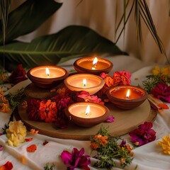 Minimal Diwali props with flowers and candles