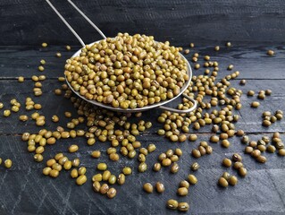 Fresh Mung beans on the wooden table 